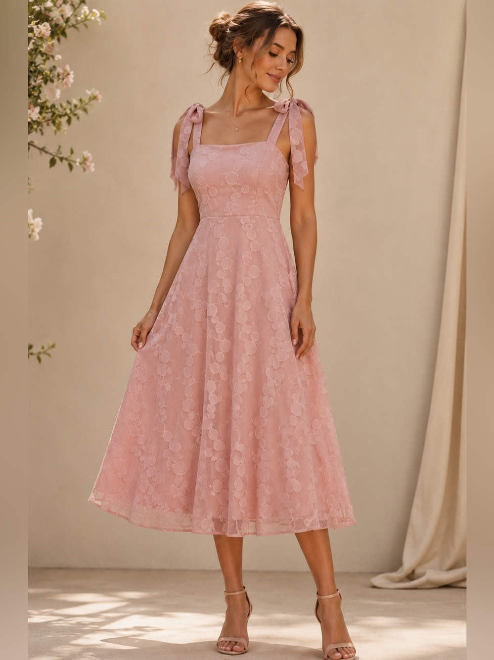 SHEIN Blush Pink Polka Dot Mesh Midi Dress Tie Shoulders Lined Like New